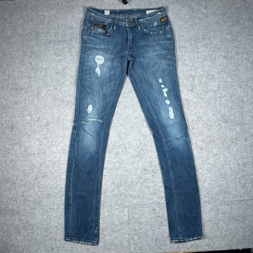 G-Star Raw Denim Jeans Women 28x34 Blue Ocean Skinny Distressed Biker Y2K Moto